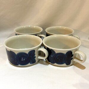 Set of 4 Arabia Finland Hand Painted Blue Anemone Flat Coffee Mug Ula Procope